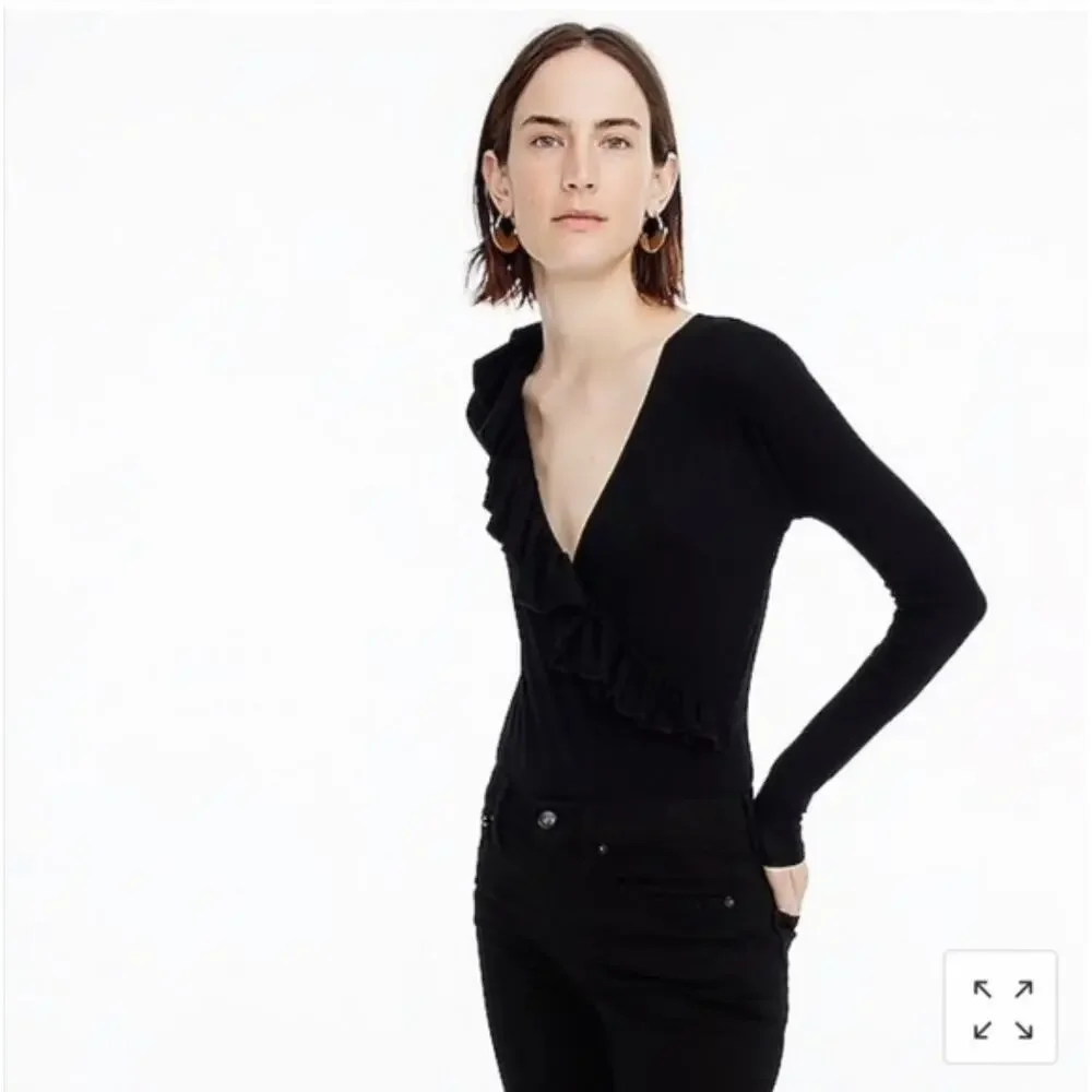 J. Crew Ruffle-Front Wrap Bodysuit Black H3685 Size S